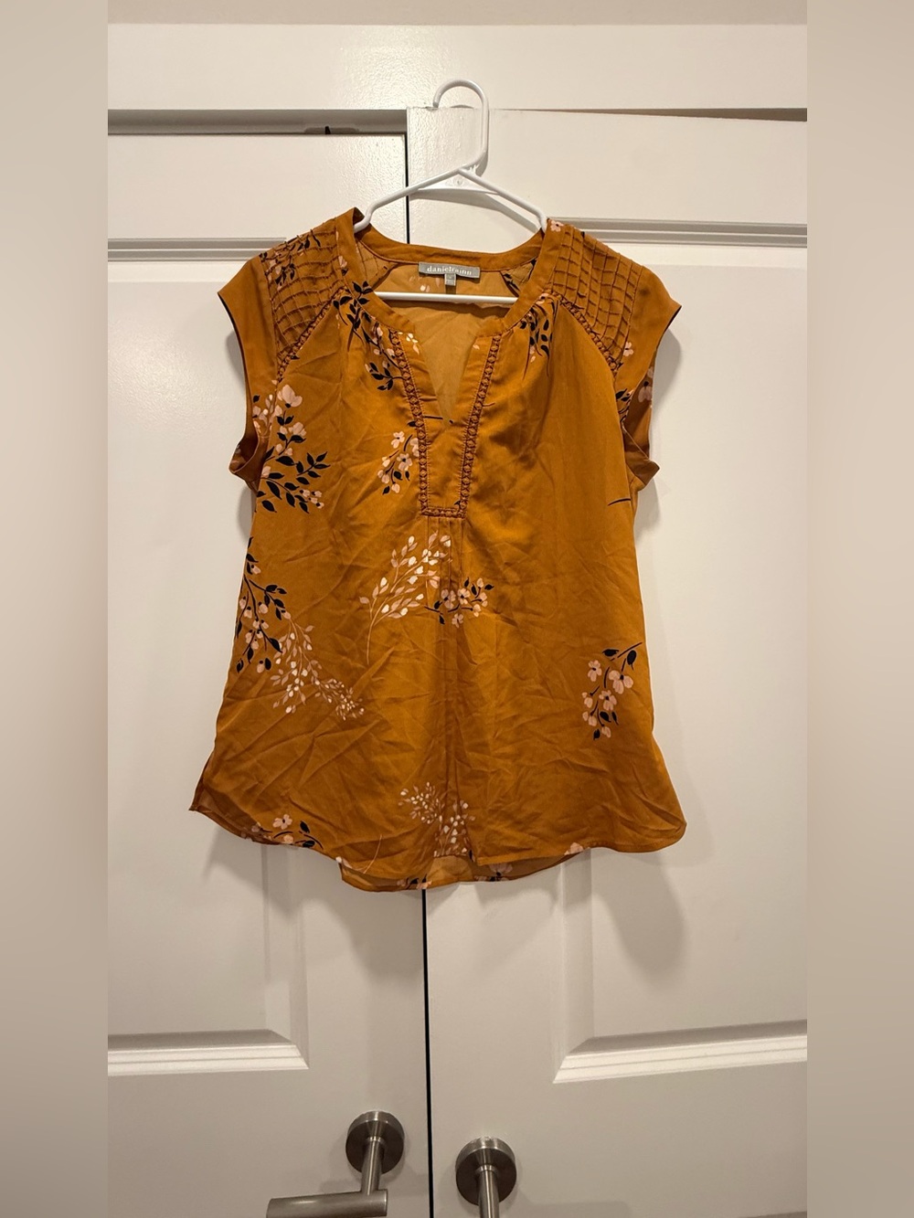 Daniel Rainn Mustard Floral Cap-Sleeve Blouse